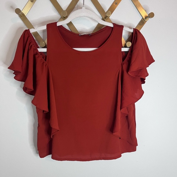 Zara Rust Cold Shoulder Flutter Sleeve Top Small - Picture 2 of 7